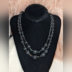 Ladies Vintage Black Beaded Double Strand 17" Necklace w/iridescent gemstones